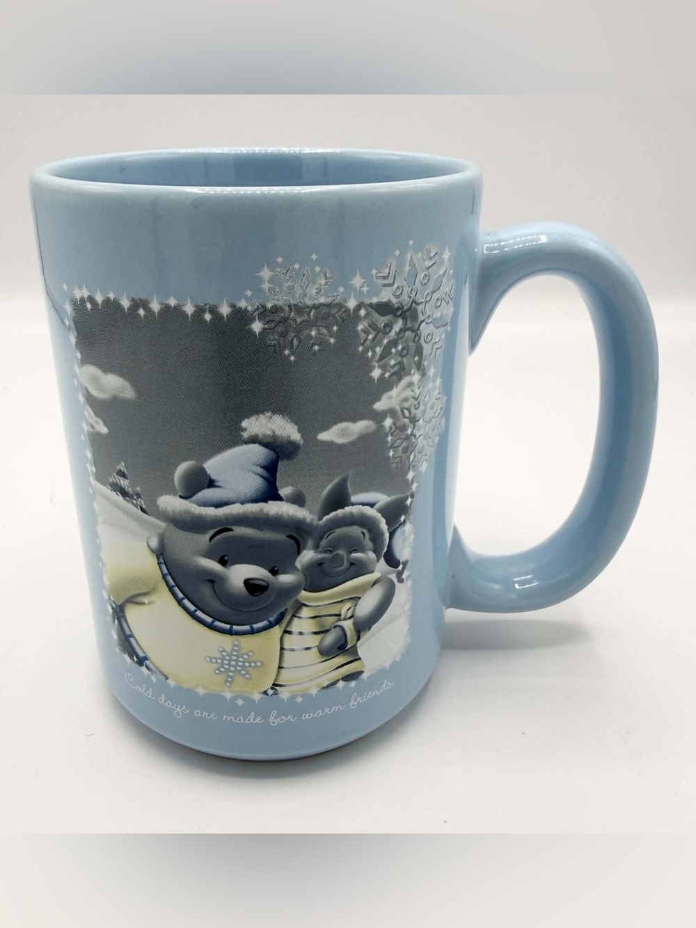 Disney Store Winnie the Pooh Piglet Cold Days Mug Blue Winter Snowflakes 2003